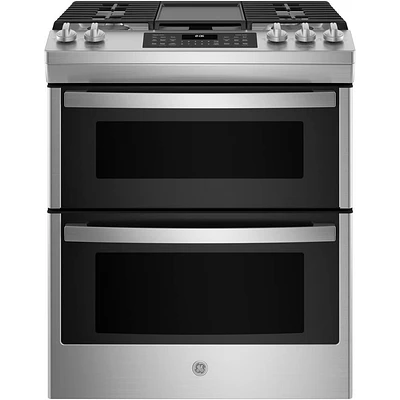 GE 6.7 Cu. Ft. Stainless Slide-In Front Control Gas Double Oven Range | Electronic Express