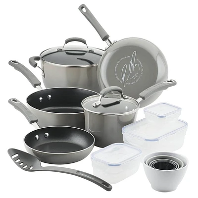 19-Piece Nonstick Cookware Set with Containers - Sea Salt Gray  | Electronic Express