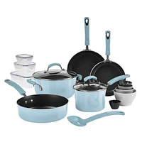 Rachael Ray 19-Piece Nonstick Cookware Set with Containers - Sky Blue | Electronic Express