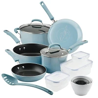 Rachael Ray 19-Piece Nonstick Cookware Set with Containers - Sky Blue | Electronic Express