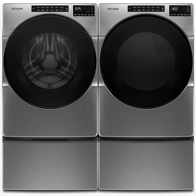 Whirlpool WFW6605CPDPR Chrome Shadow Front Load HE Washer/Dryer Pair with Pedestals | Electronic Express