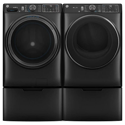GE Carbon Graphite Front Load Washer/Dryer Pair with Pedestals | Electronic Express