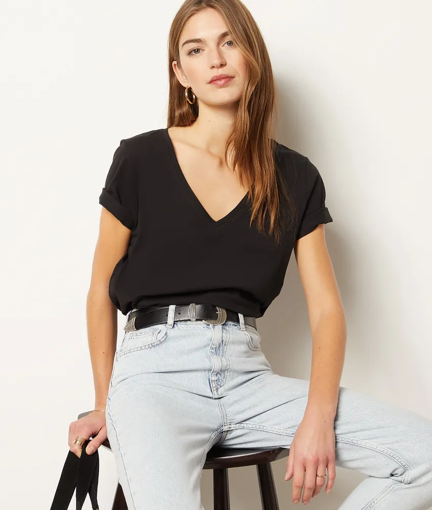 T-shirt col v 100% coton - Maggie - - Noir - Femme