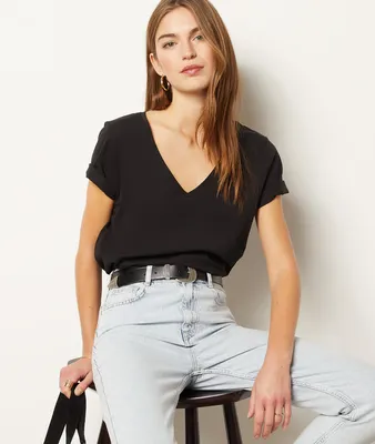 T-shirt col v 100% coton - Maggie - - Noir - Femme