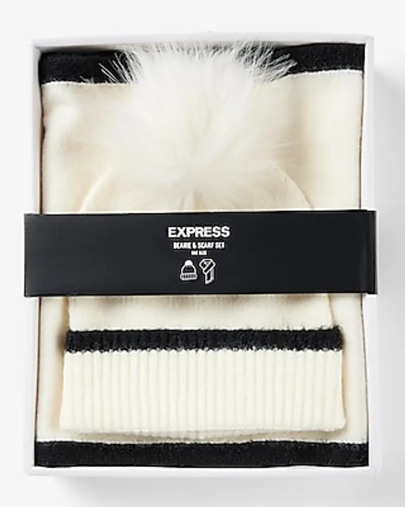 Tipped Pom Beanie & Scarf Set Women's White