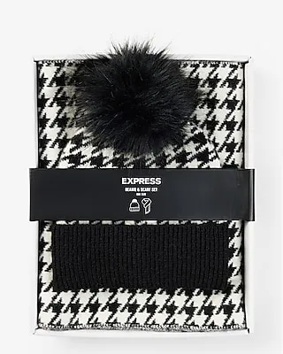 Houndstooth Pom Beanie & Scarf Set Women's Black