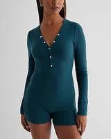 Waffle Knit Long Sleeve Henley Sleep Romper Green Women's S