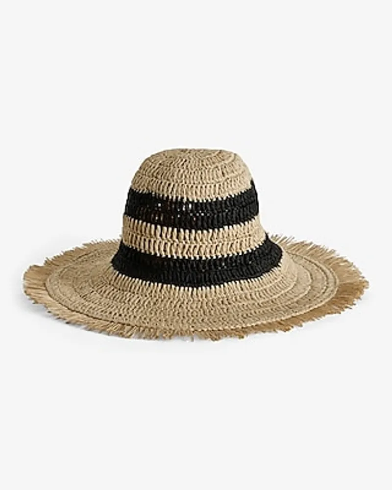 Tan Striped Straw Beach Hat Women's Black