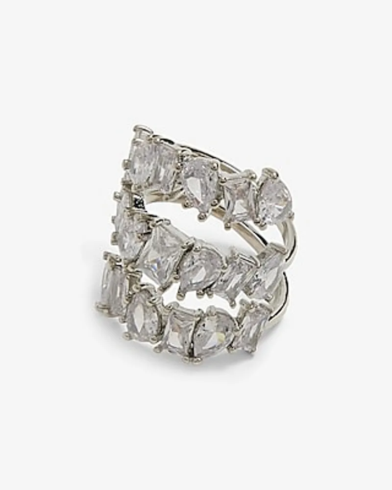 3 Row Rhinestone Lined Statement Ring Silver Women's 7