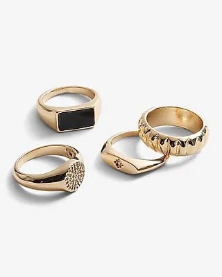 4 Piece Textured Black Stone Ring Set Gold Women's 7