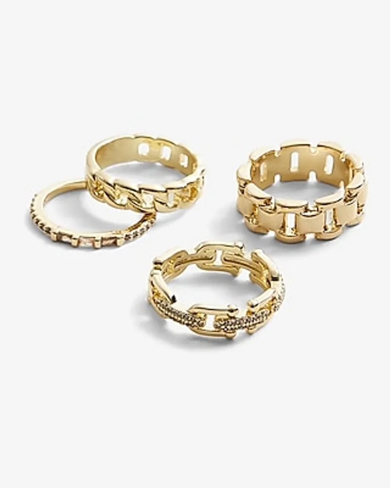 4 Piece Rhinestone Chain Link Ring Set Gold Women's 6