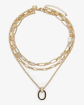 3 Row Rhinestone Embellished Chain Leather Pendant Necklace