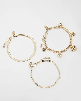 Set Of 3 Mixed Chain Heart Charm Bracelets