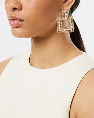 Pearl Embellished Rhinestone Chain Doorknocker Earrings Women's Gold