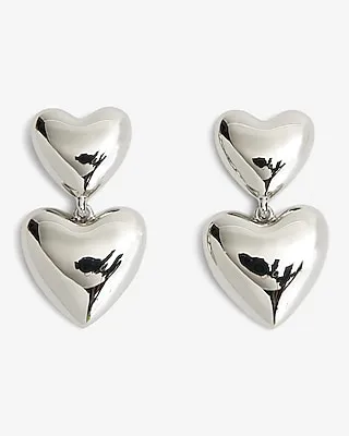Double Heart Drop Earrings Women's Silver