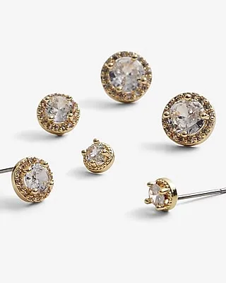 Set Of 3 Rhinestone Lined Stud Earrings Women's Gold