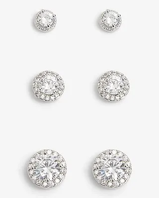 Set Of 3 Rhinestone Lined Stud Earrings Women's Silver