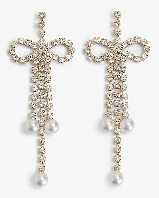 Rhinestone Bow Pearl Drop Earrings Women's Gold