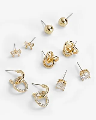 Set Of 5 Mixed Rhinestone Stud Earrings Women's Gold