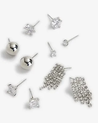 Set Of 5 Mixed Rhinestone Stud Earrings Women's Silver