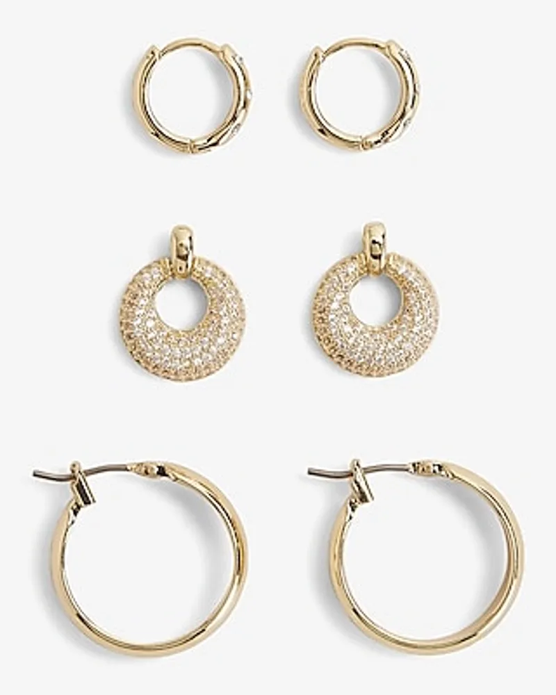 Set Of 3 Rhinestone Hoop Earrings Women's Gold