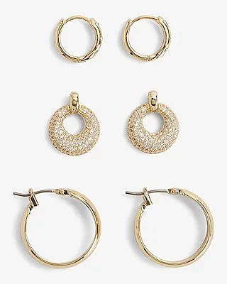 Set Of 3 Rhinestone Hoop Earrings Women's Gold