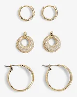 Set Of 3 Rhinestone Hoop Earrings Women's Gold