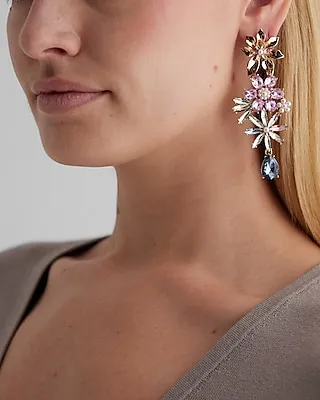 Rhinestone Flower Drop Earrings Women's Gold