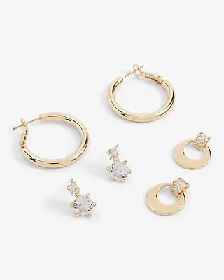 Set Of 3 Rhinestone & Hoop Earrings Women's Gold