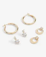 Set Of 3 Rhinestone & Hoop Earrings Women's Gold