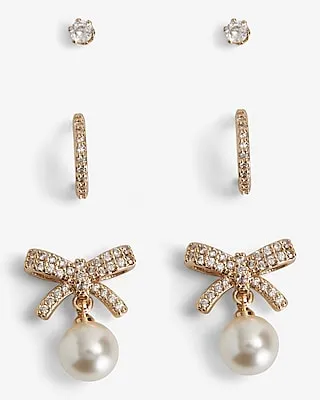 Set Of 3 Rhinestone Pearl Bow Earrings Women's Gold