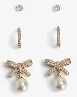 Set Of 3 Rhinestone Pearl Bow Earrings