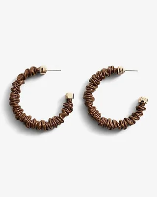 Leather Scrunched Hoop Earrings Women's Brown