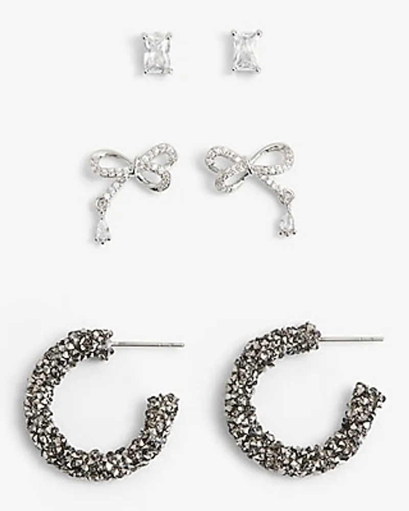 Set Of 3 Mixed Rhinestone Bow Stud Earrings Women's Silver