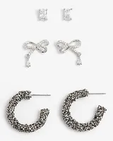 Set Of 3 Mixed Rhinestone Bow Stud Earrings Women's Silver