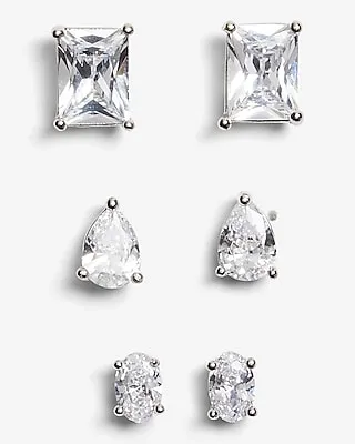 Set Of 3 Multi Shape Rhinestone Stud Earrings Women's Silver