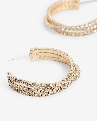 Rhinestone Crossover Post Back Hoop Earrings Women's Gold