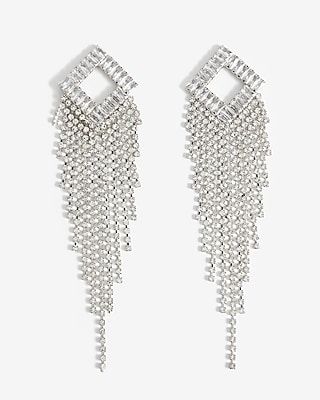Rhinestone Open Square Fringe Drop Earrings Women's Silver