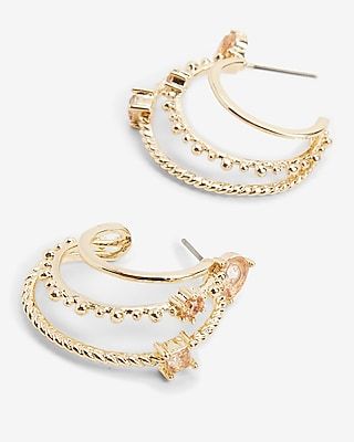 Triple Rhinestone Embellished Hoop Earrings Women's Gold