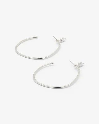 Stone Post Thin Hoop Earrings Women's Silver