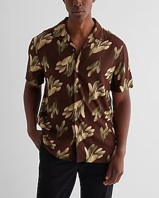 Leaf Rayon Short Sleeve Shirt Brown Men's L