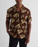 Leaf Rayon Short Sleeve Shirt Brown Men's XL