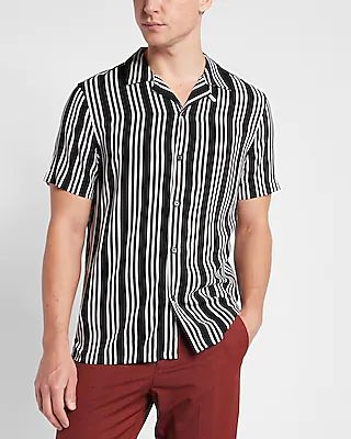 Striped Rayon Short Sleeve Shirt Black Men's XS