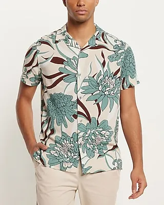 Floral Print Rayon Short Sleeve Shirt Neutral Men's XS