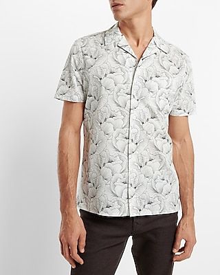 Floral Print Stretch Cotton Short Sleeve Shirt Neutral Men's XS