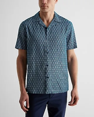 Hexagon Geo Print Rayon Short Sleeve Shirt Blue Men's S