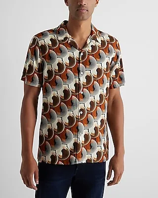 Layered Abstract Rayon Short Sleeve Shirt Brown Men's L Tall