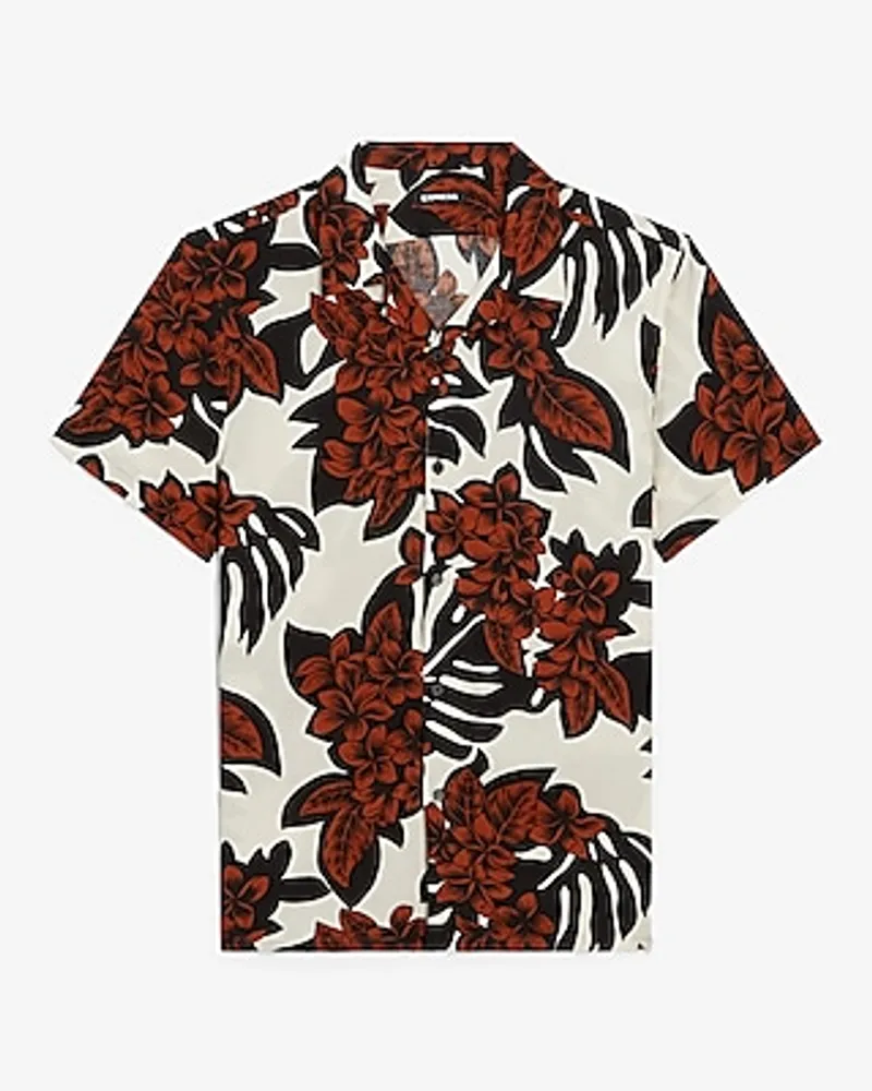 Tropical Floral Print Rayon Short Sleeve Shirt Black Men's XS