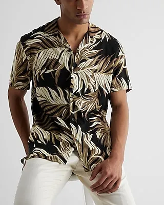 Leaf Print Rayon Short Sleeve Shirt