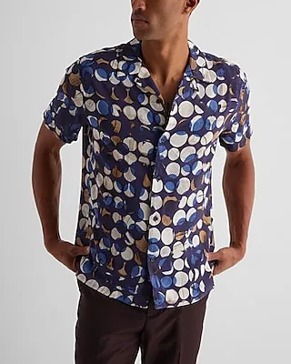 Abstract Printed Circle Rayon Short Sleeve Shirt Blue Men's XS